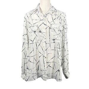 Vintage All Hours White Black Abstract Scribble Print Button Up Blouse USA Made
